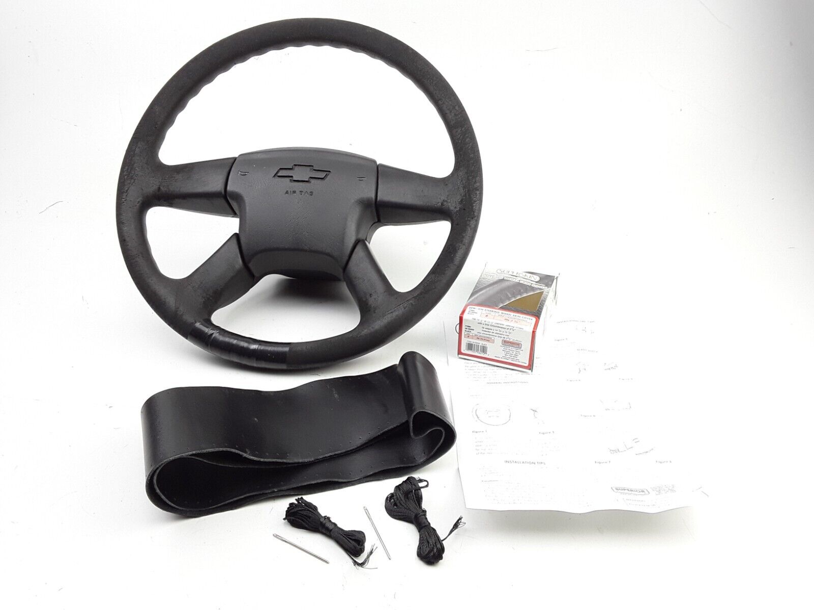 Car Truck Black Leather Steering Wheel Skin Cover 3-5/8" Grip, 14.5-15.5" D - HotCarParts