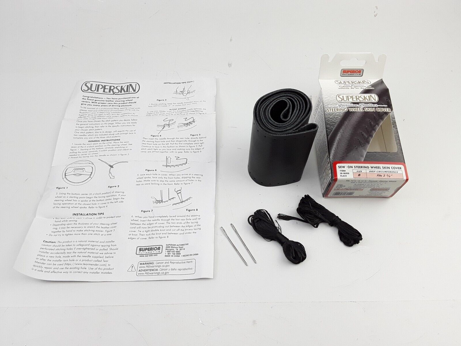 Car Truck Black Leather Steering Wheel Skin Cover 3-5/8" Grip, 14.5-15.5" D - HotCarParts