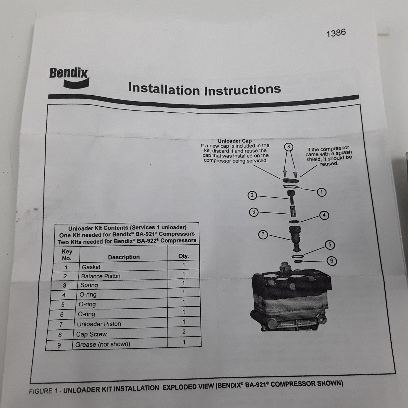 Bendix K109119 β BA-921 Air Compressor Unloader Kit 170.5008557