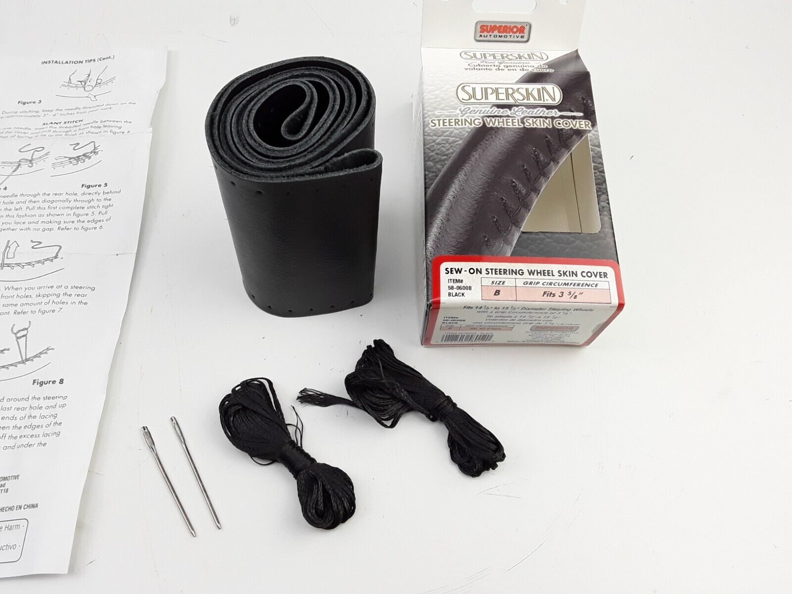 Car Truck Black Leather Steering Wheel Skin Cover 3-5/8" Grip, 14.5-15.5" D - HotCarParts
