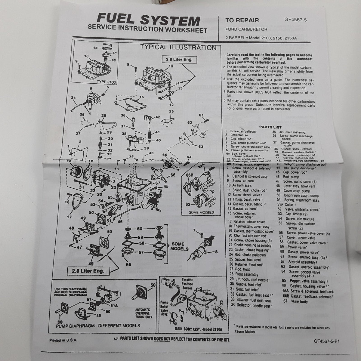Carquest 96-371 Carburetor Repair Kit Fits Ford 2-Barrel Models 2100 2150 2150A