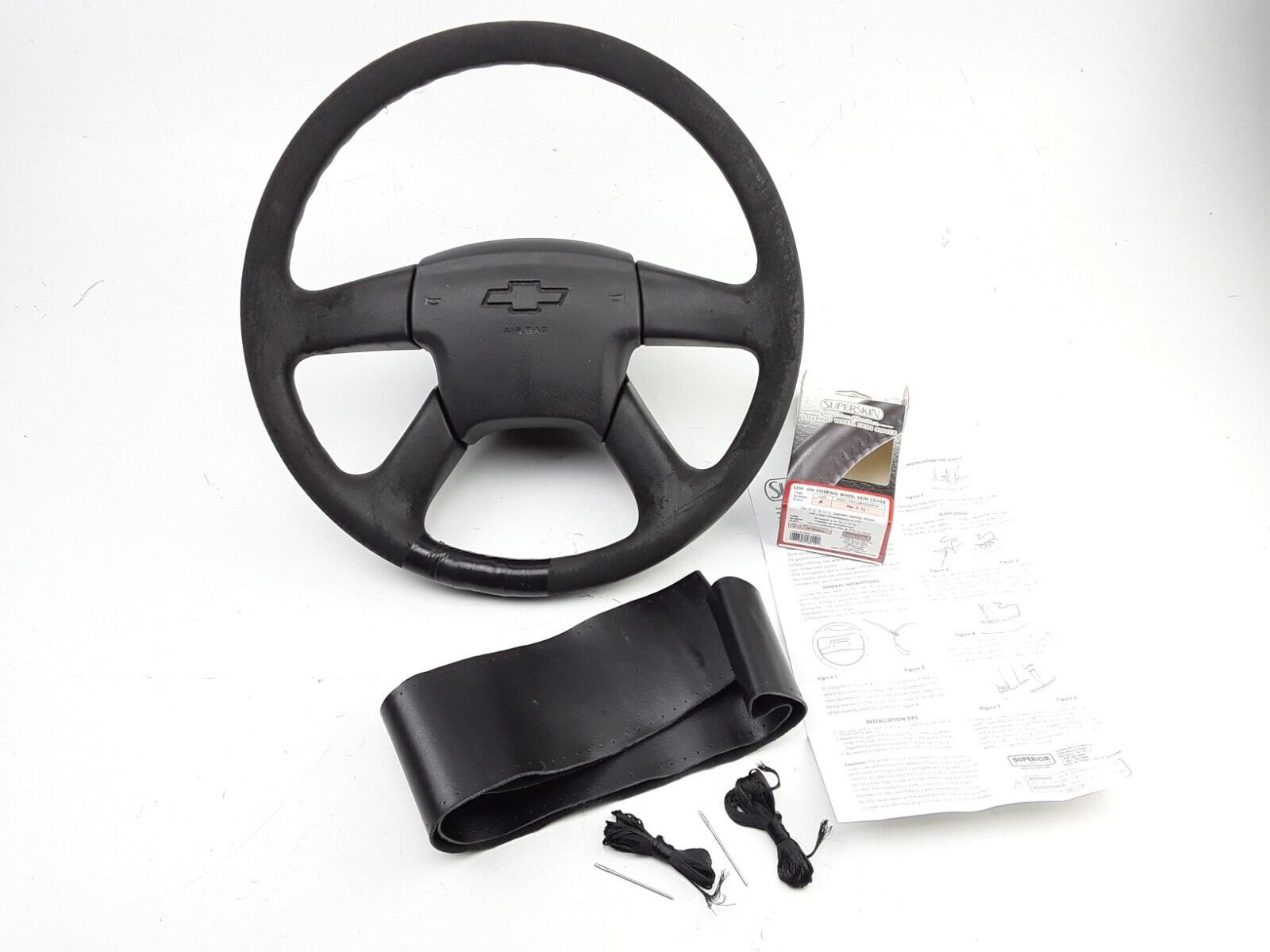 Car Truck Black Leather Steering Wheel Skin Cover 3-5/8" Grip, 14.5-15.5" D - HotCarParts