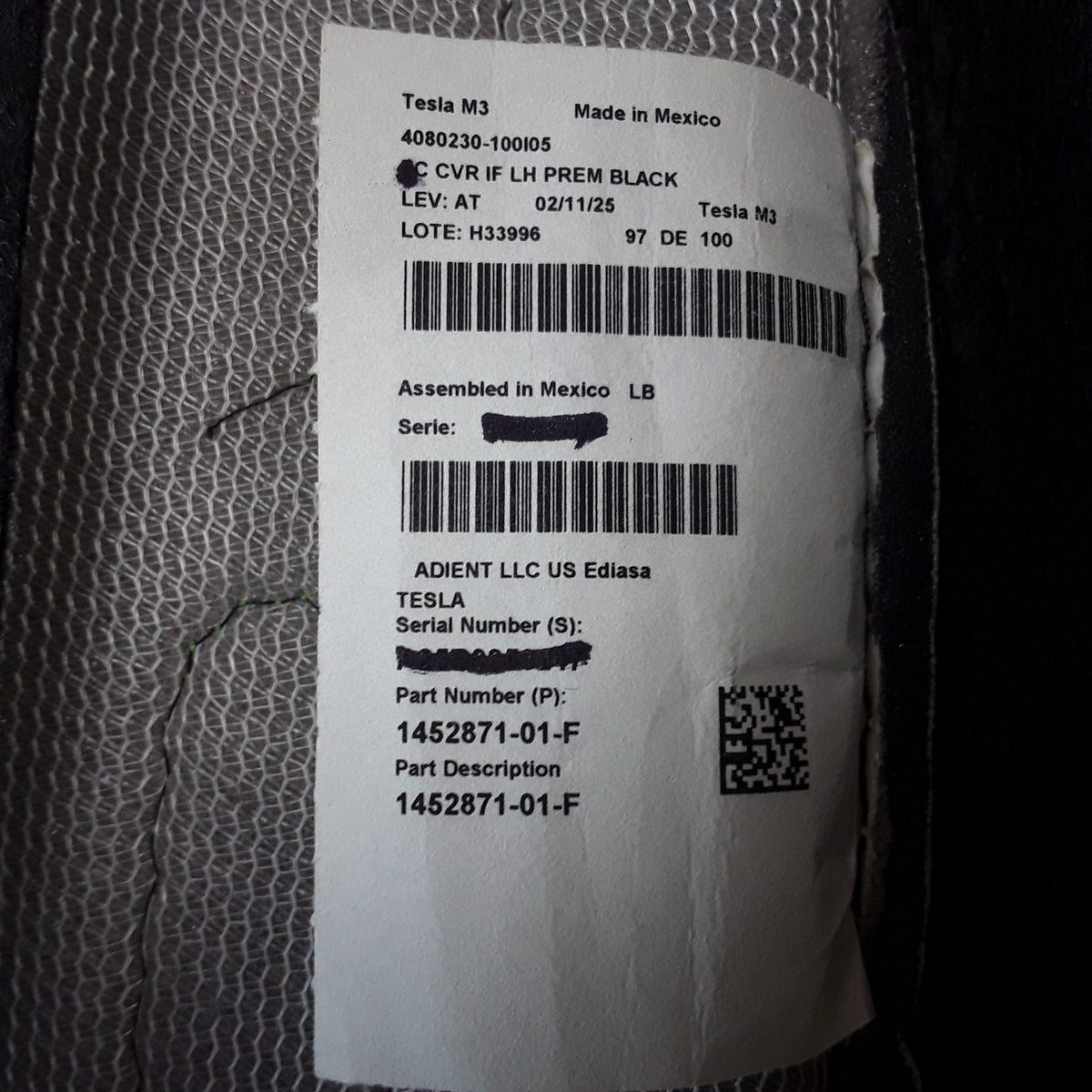 NEW OEM 17-23 Tesla Model 3 Front Left Seat Cushion Bottom Black 1452871-01-F