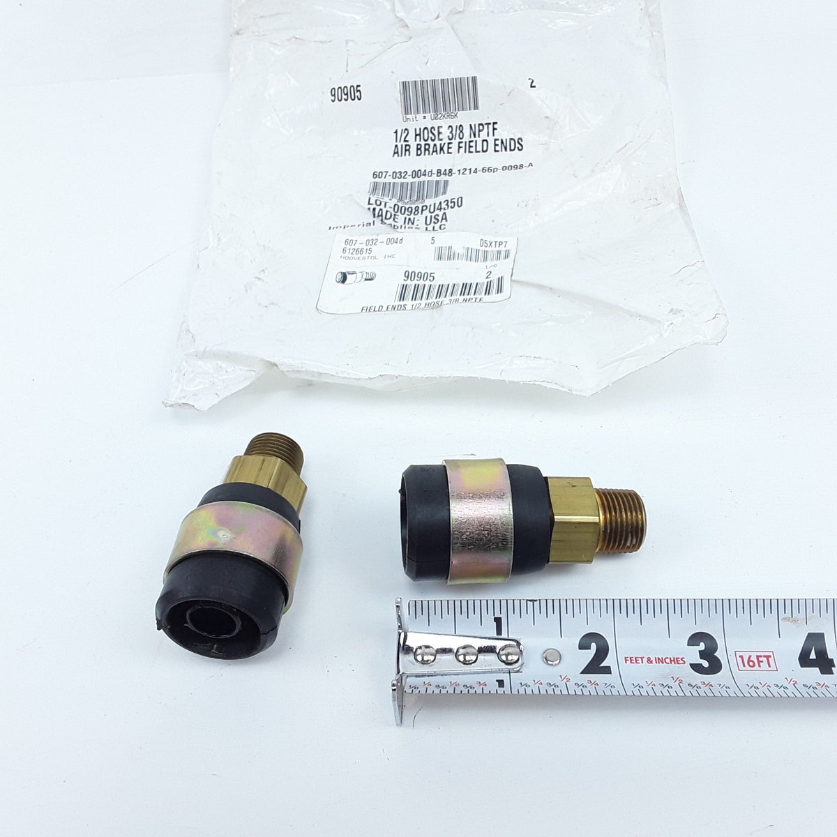 90905 Brass Air Brake Hose End Fitting For 1/2" ID Hose with 3/8" NPTF Threads