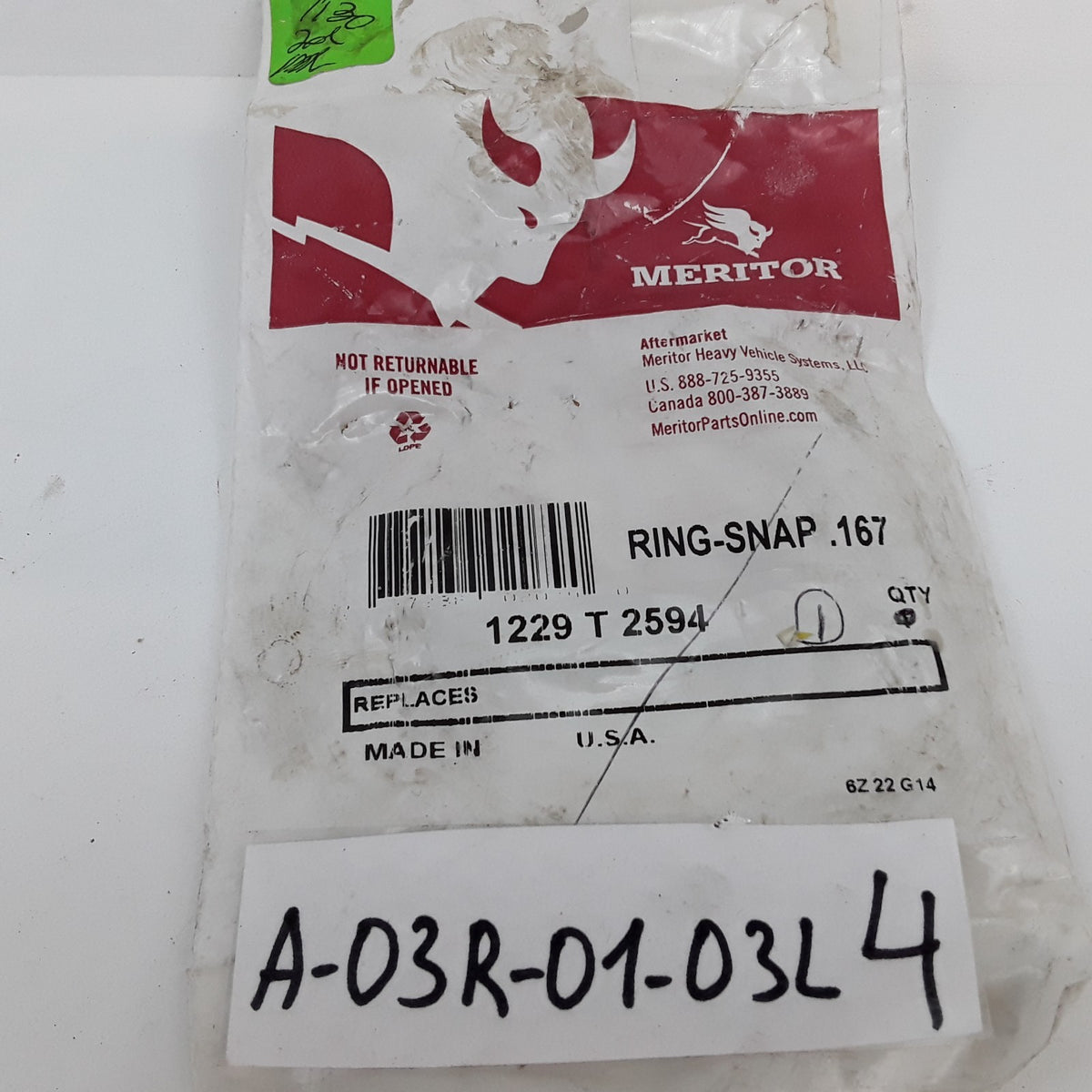 Meritor 1229T2594 Snap Ring 0.167 in. Fits Heavy Duty Truck and Trailer