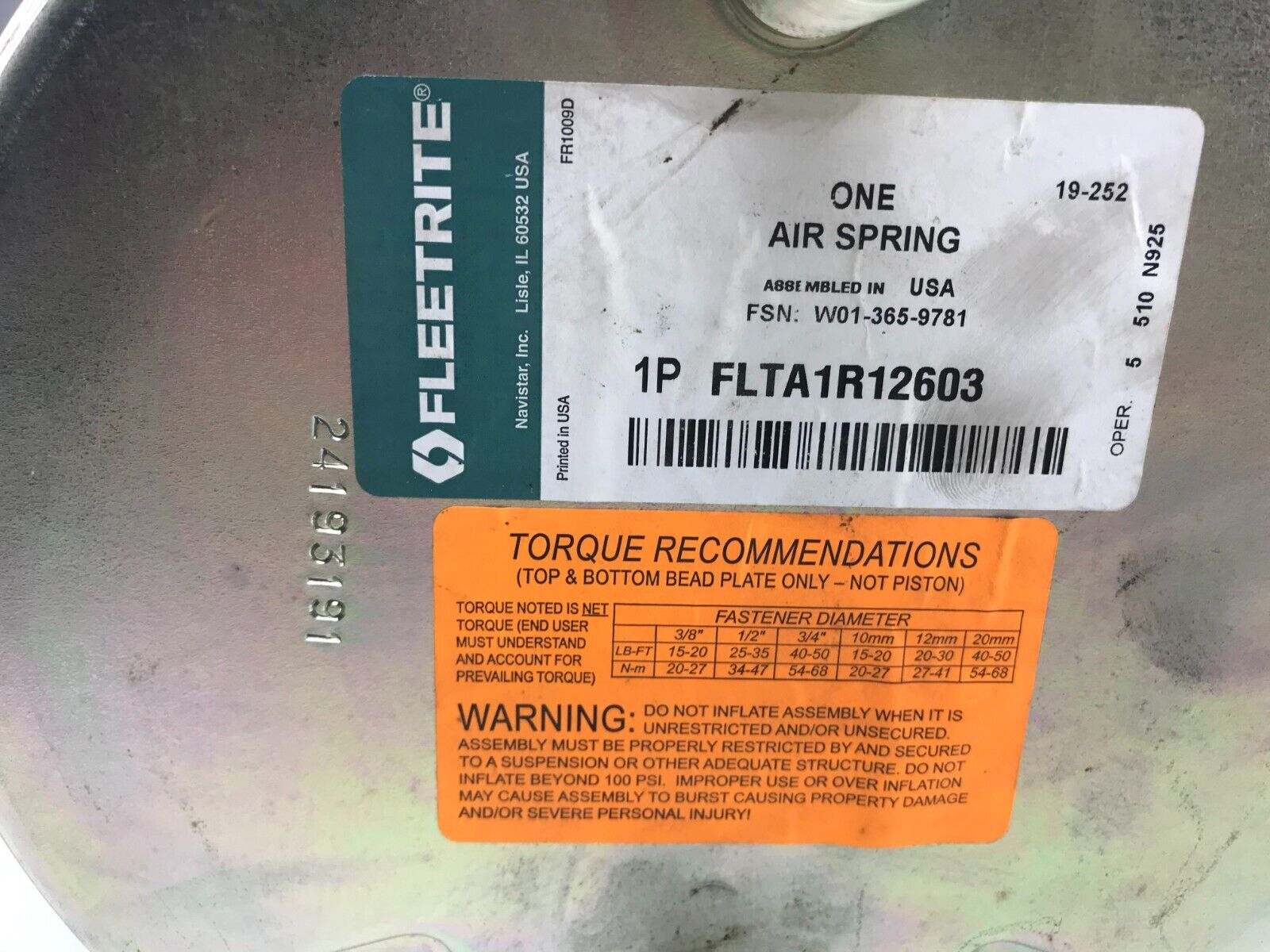 GENUINE OEM FLEETRITE Suspension Air Spring FLTA1R12603 W013659781 FAST SHIP - HotCarParts