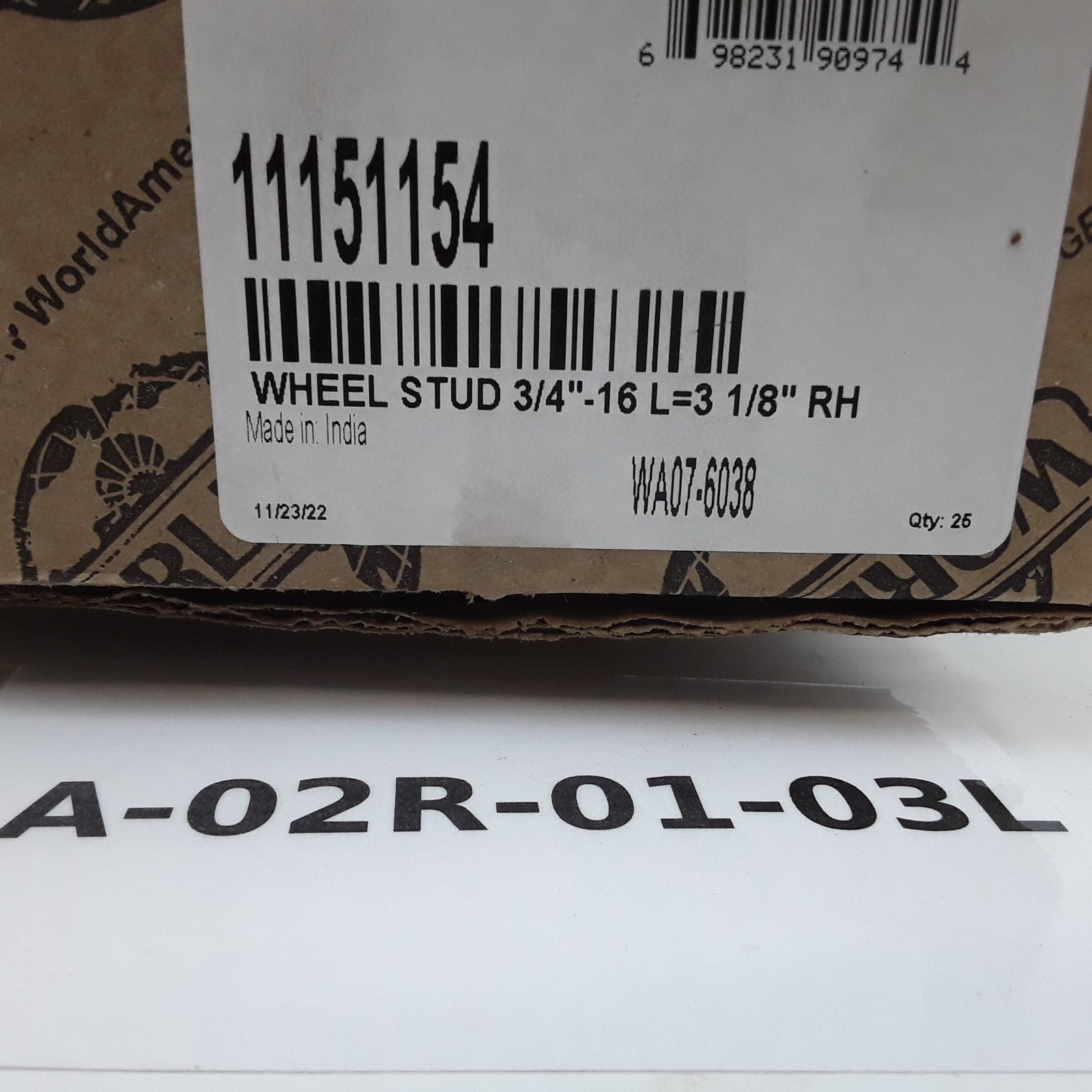 World American WA07-6038 Right Wheel Stud Assembly 3/4"-16 L=3 1/8" RH Set of 25