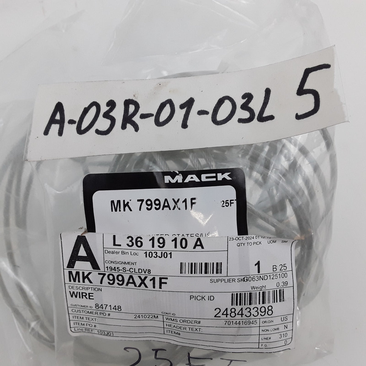 Mack 799AX1F Electrical Wire Rope 25 FT Foot Fits Heavy Duty Mack Trucks