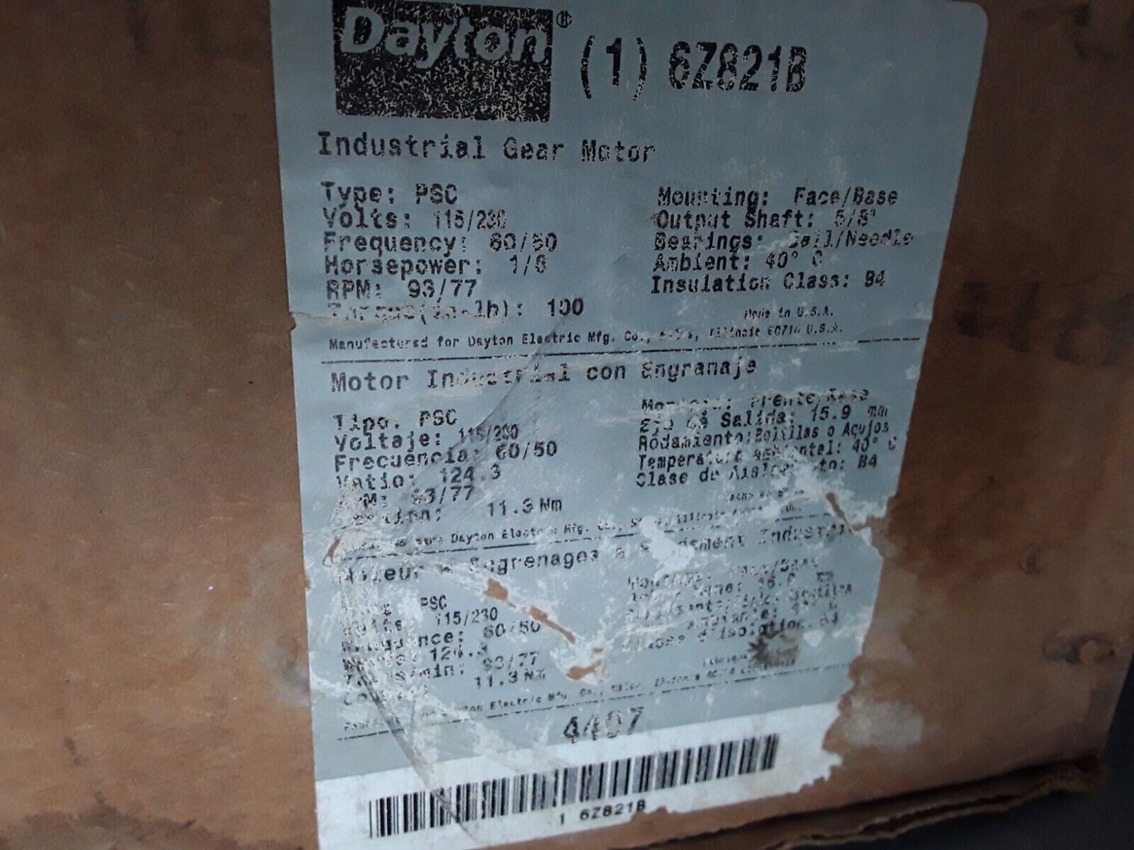 Dayton 6Z821B AC Gearmotor 19.1:1 Ratio 1/6HP 100inlb 93RPM 5/8" Shaft 115/230V - HotCarParts