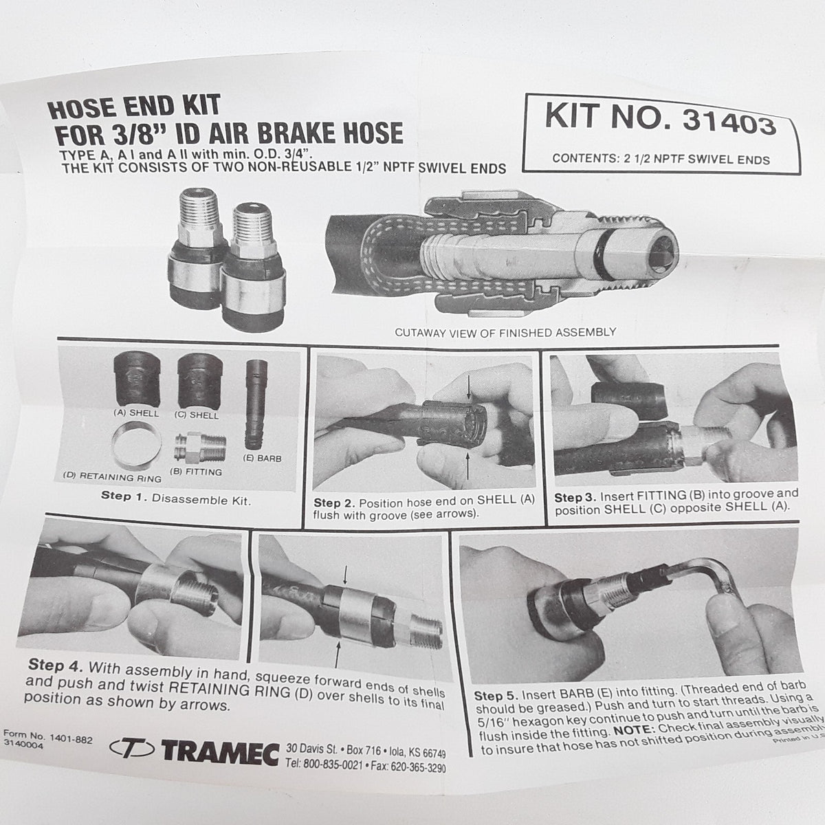 Air Brake Hose Field Installation Kit 2 1/2 NPTF Swivel End 31403 For 3/8" Hose