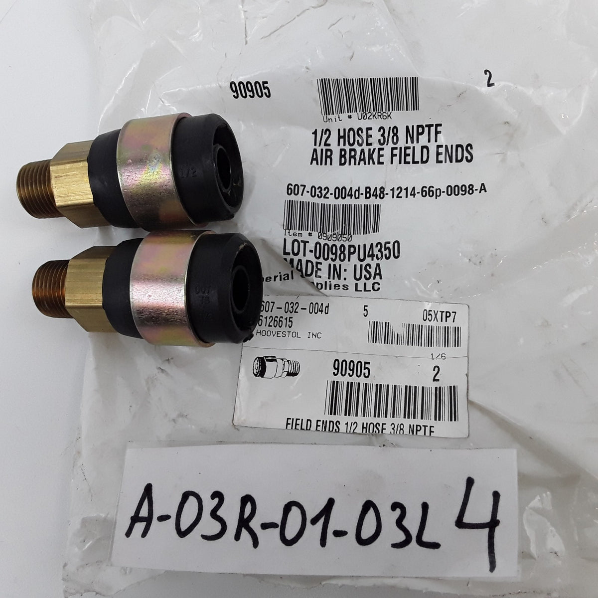 90905 Brass Air Brake Hose End Fitting For 1/2" ID Hose with 3/8" NPTF Threads