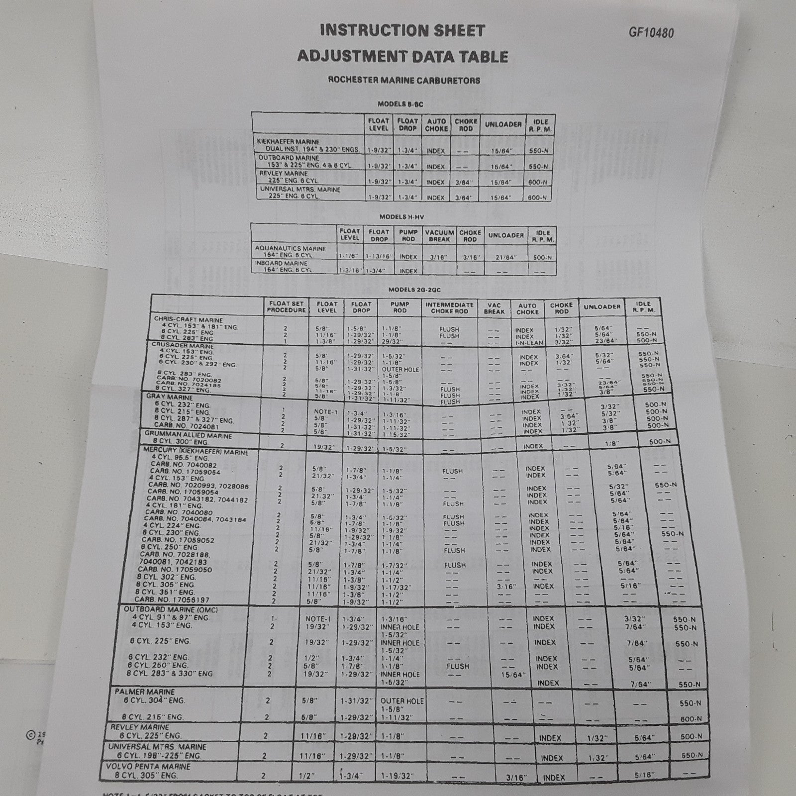 Carburetor Repair Kit Rochester Marine,Model B-BC H-HV 2G-2GC 164, 194, 225, 230