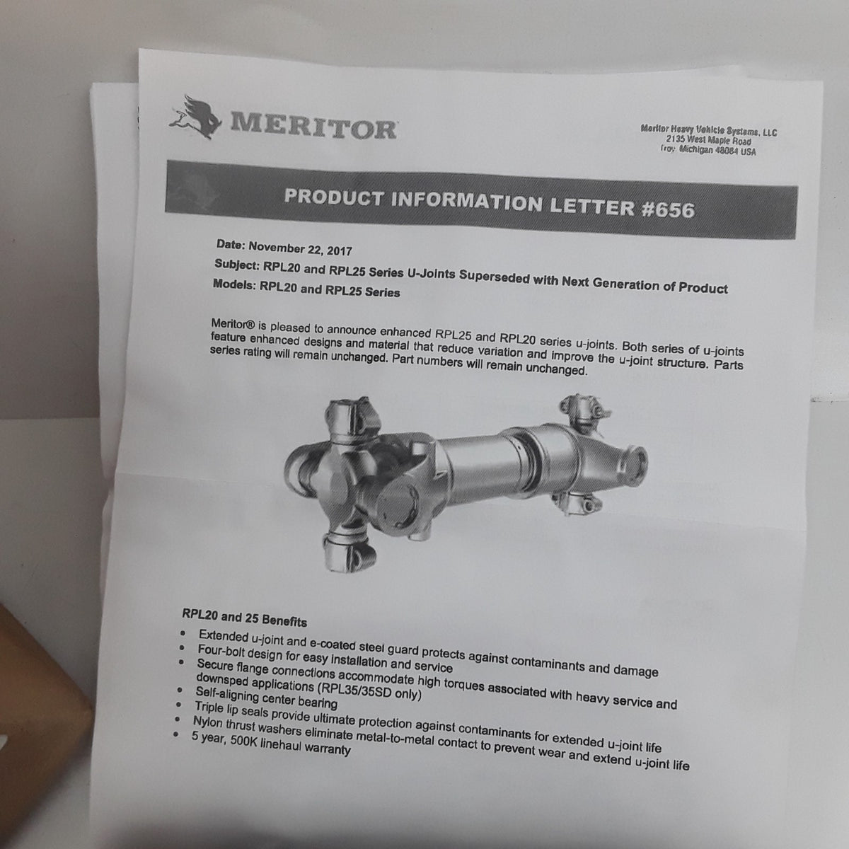 Meritor CP20RPLS Universal Joint Assembly Fits Meritor RPL20 RPL25 Series