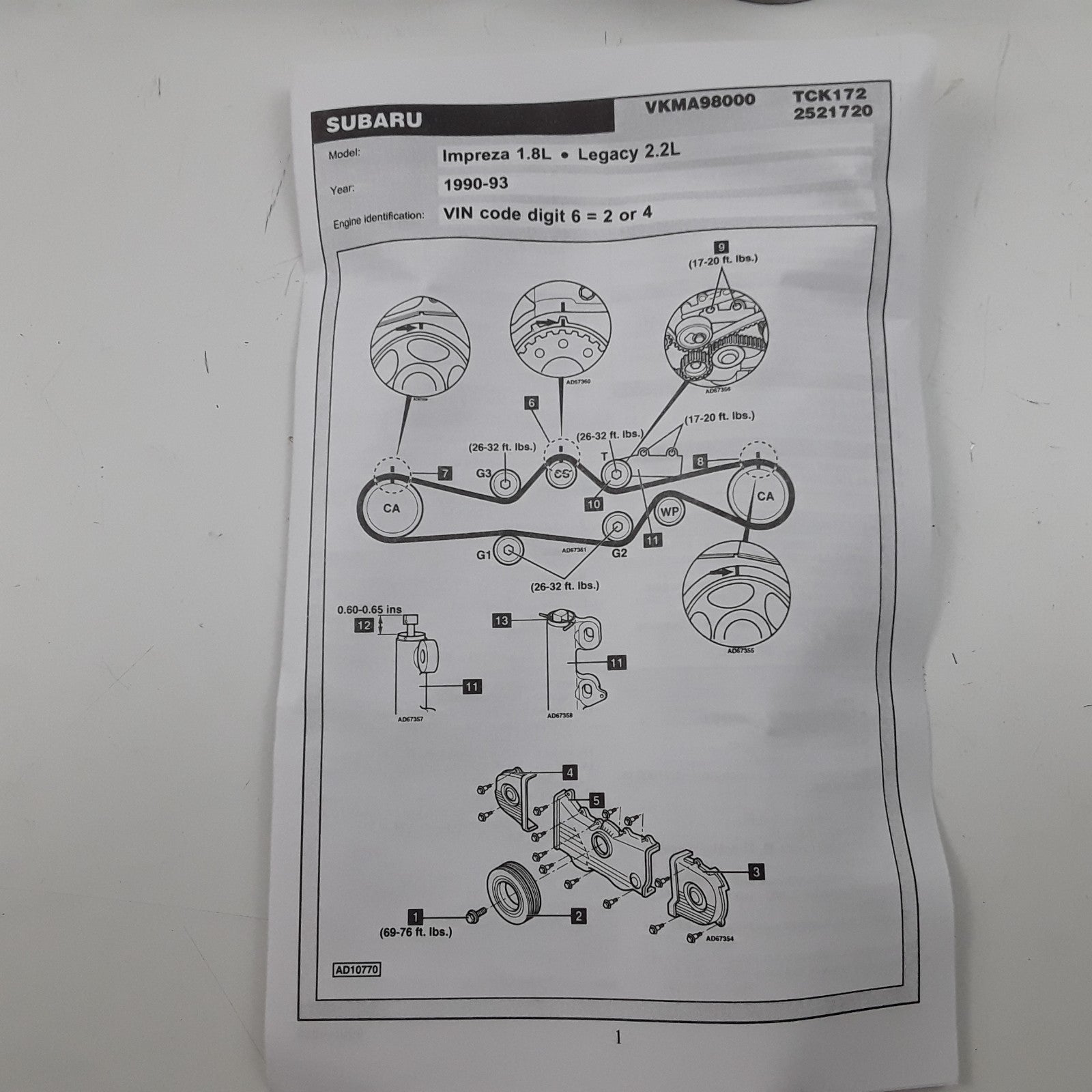 Gates TCK172 Engine Timing Belt Kit Fits Subaru Legacy Impreza (1990 1991-1993)