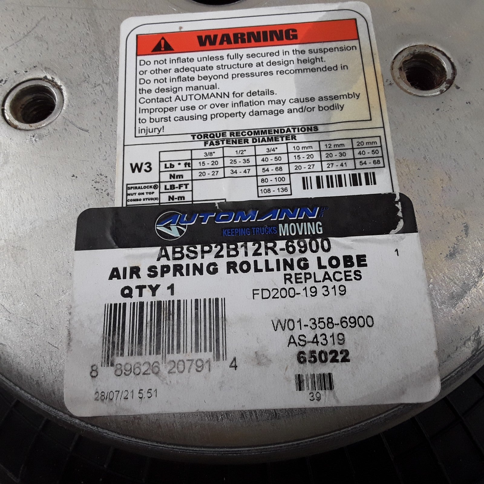 Automann ABSP2B12R-6900 Air Spring Double Convoluted Heavy Duty High Performance