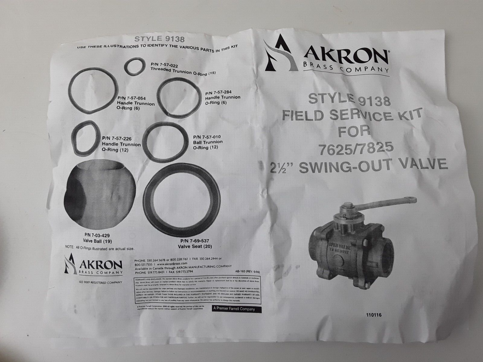 Akron Style 9138 Valve Field Service Kit For 7625 7825 2-1/2" Swing-Out Valve - HotCarParts