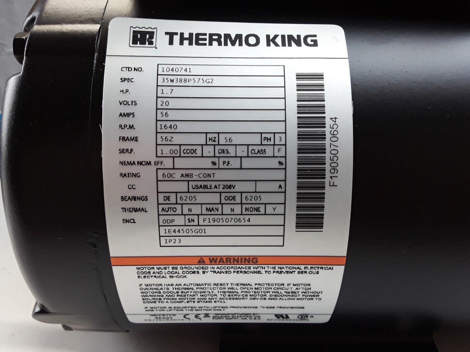 Thermo King 1040741 Evaporator Motor Assembly 1.70 HP 20Volts Fast Free Shipping - HotCarParts