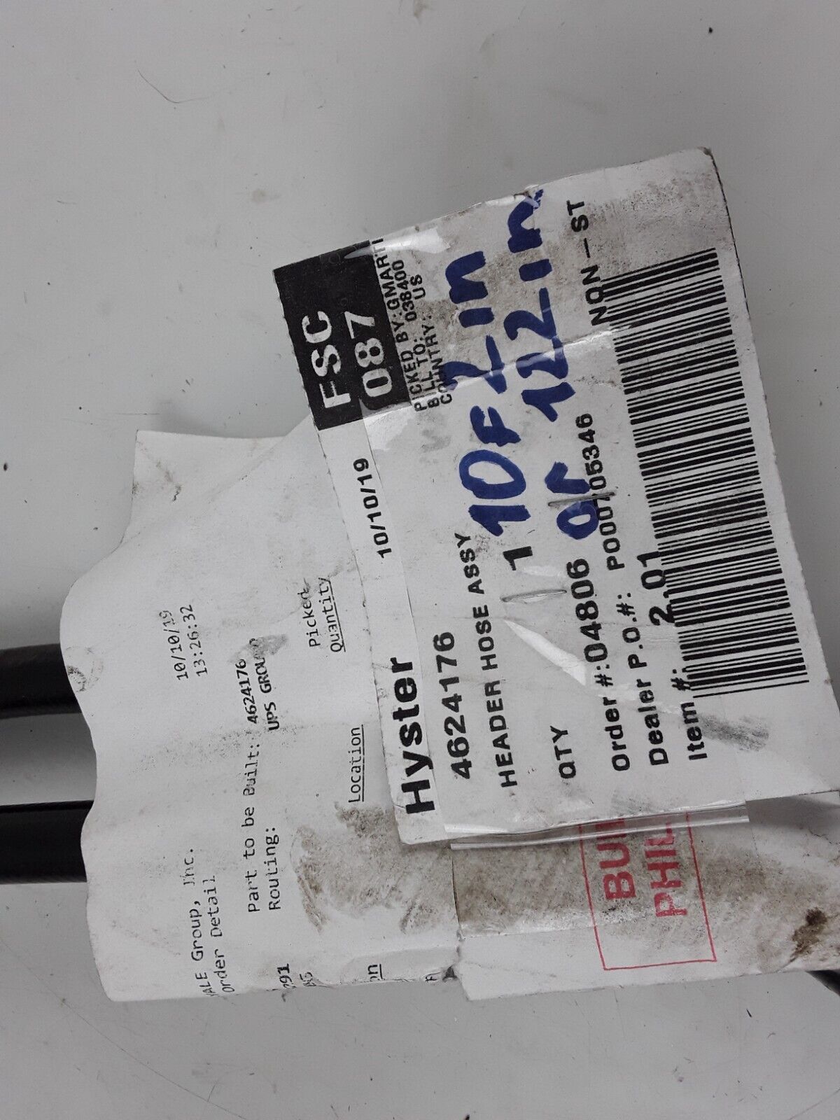 Hyster 4624176 Header Hose Assy 122 In Inch or 10 Ft 2 Inch Long Forklift Parts - HotCarParts