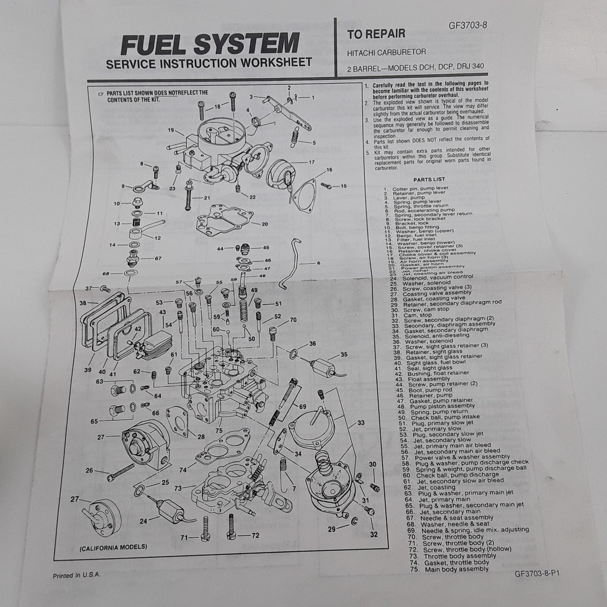 Carquest 96-576 Carburetor Kit Fits Hitachi 2-Barrel DCH DCP and DRJ 340 Series
