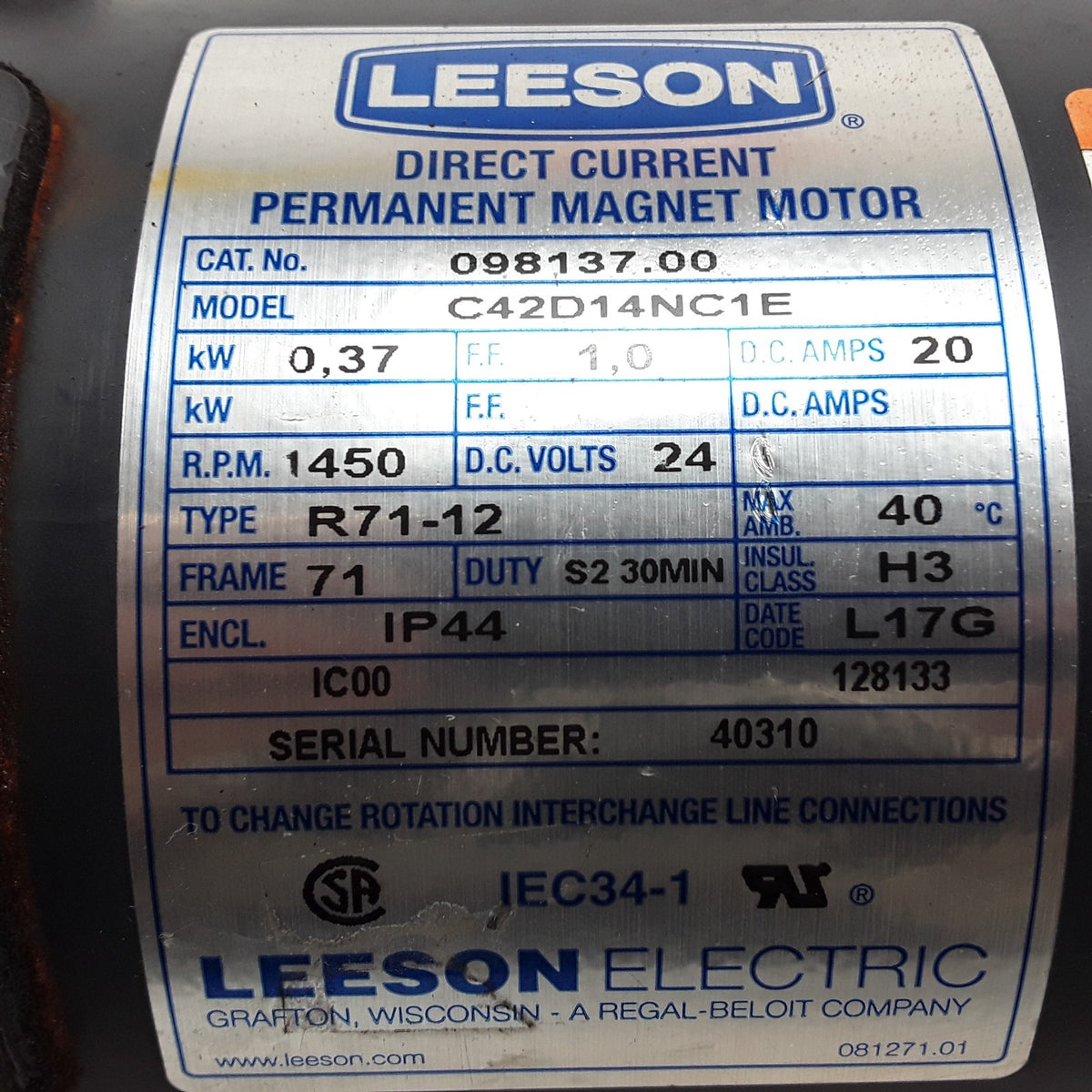 Leeson C42D14NC1E Permanent Magnet Motor & Gear Fits Crown SP3520-30 Forklift