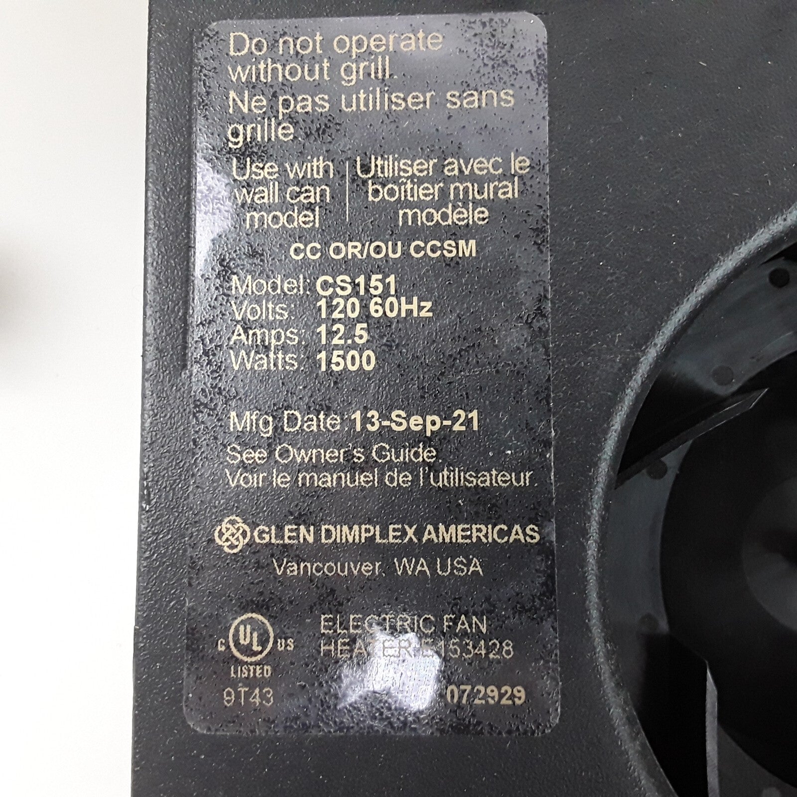 Glen Dimplex Americas CS151 Com-Pak Electric Fan-Forced Heater Assembly 120 Volt