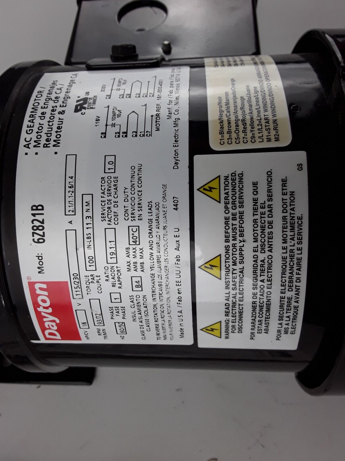 Dayton 6Z821B AC Gearmotor 19.1:1 Ratio 1/6HP 100inlb 93RPM 5/8" Shaft 115/230V - HotCarParts