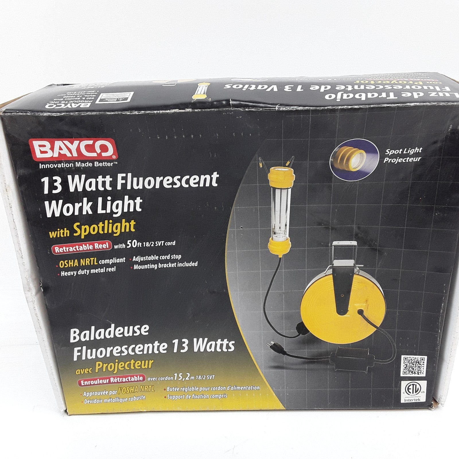13 Watt Flourescent Work Light W/ Spotlight, 50' Metal Reel Bayco SL-827
