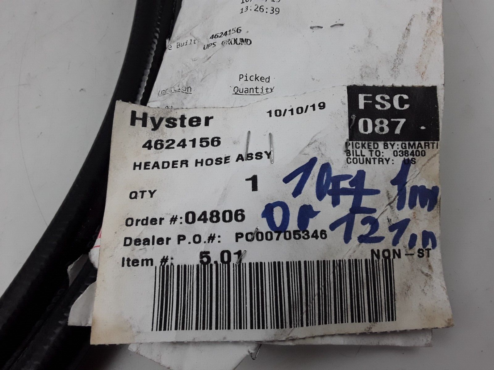 Hyster 4624156 Header Hose Assy 121 In Inch or 10 Ft 1 Inch Long Forklift Parts - HotCarParts
