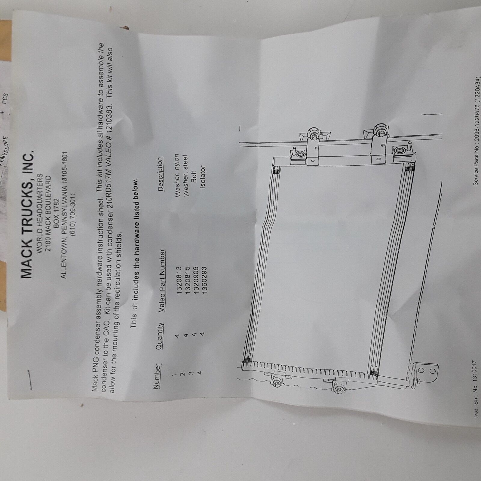 Mack 2096-1220476 Condensor Mounting Mtg Kit Fits 210RD517M Fits VALEO 1210383