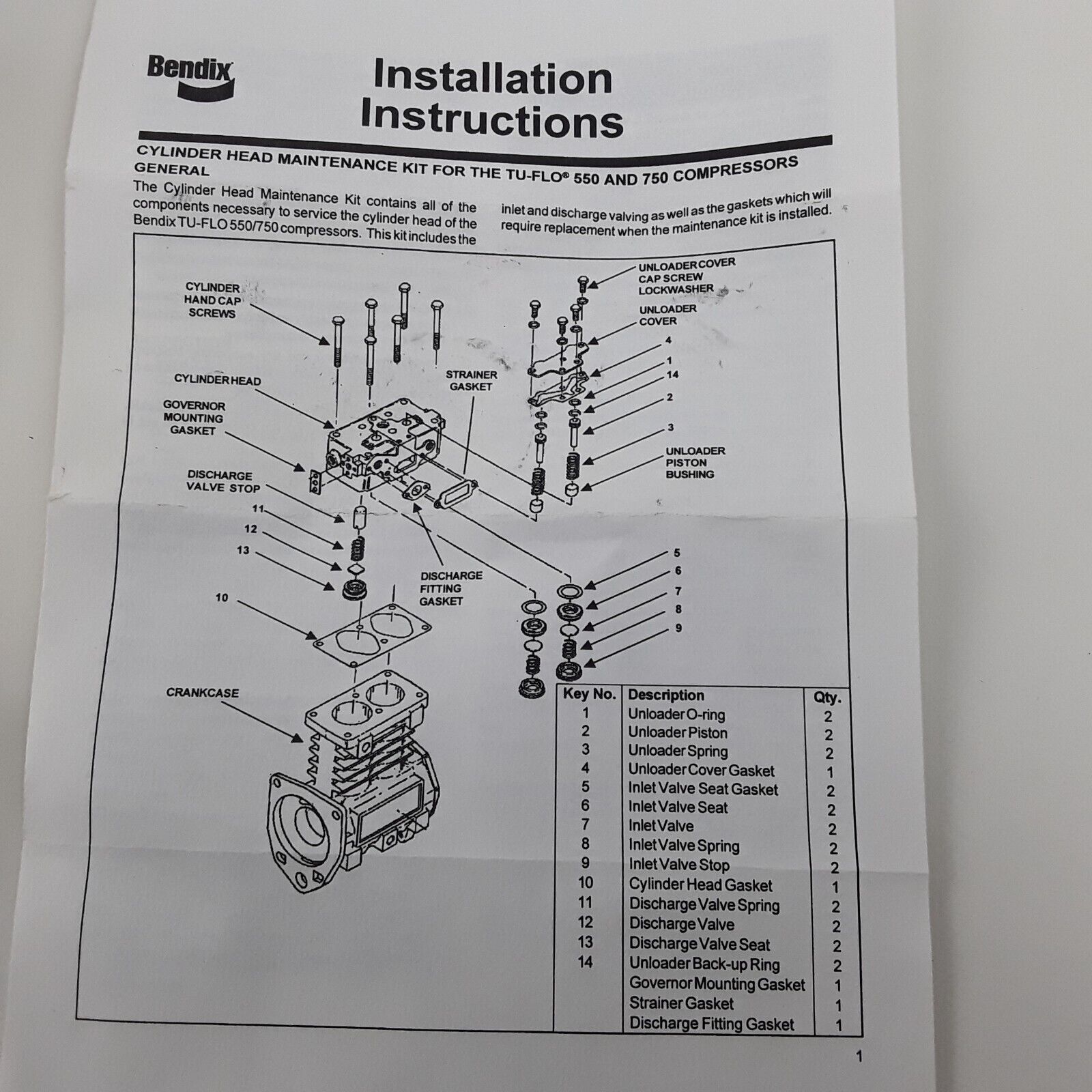 OEM Bendix 107516N Compressor Head Kit OEM, TF550 & TF750 series / 107516 168588