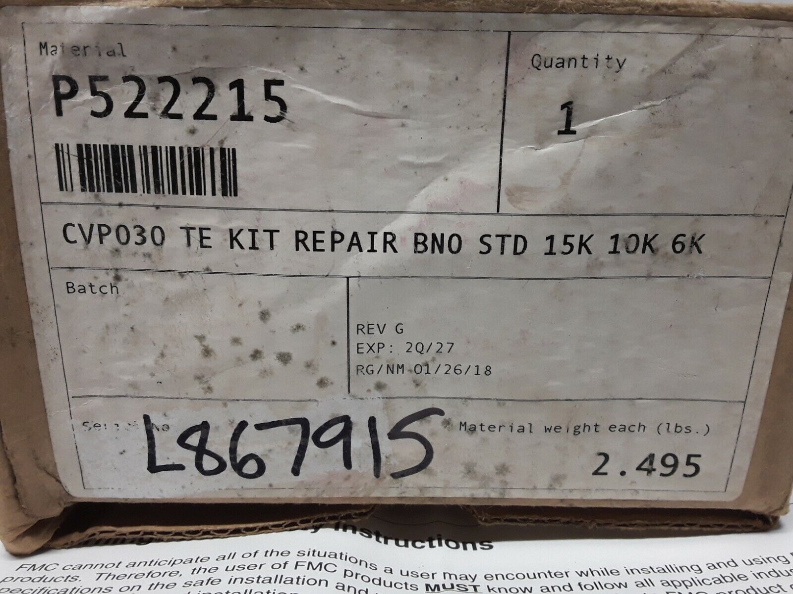 FMC Technologies P522215 Top Entry Check Valve Repair Kit New BNO STD 15K 10K 6K - HotCarParts