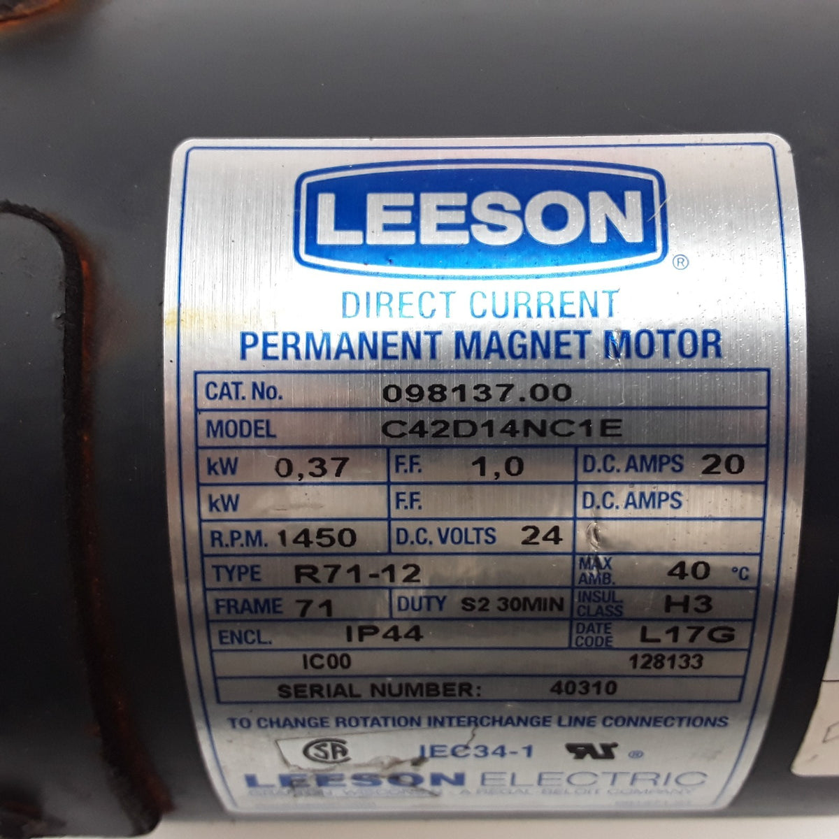 Leeson C42D14NC1E Permanent Magnet Motor & Gear Fits Crown SP3520-30 Forklift