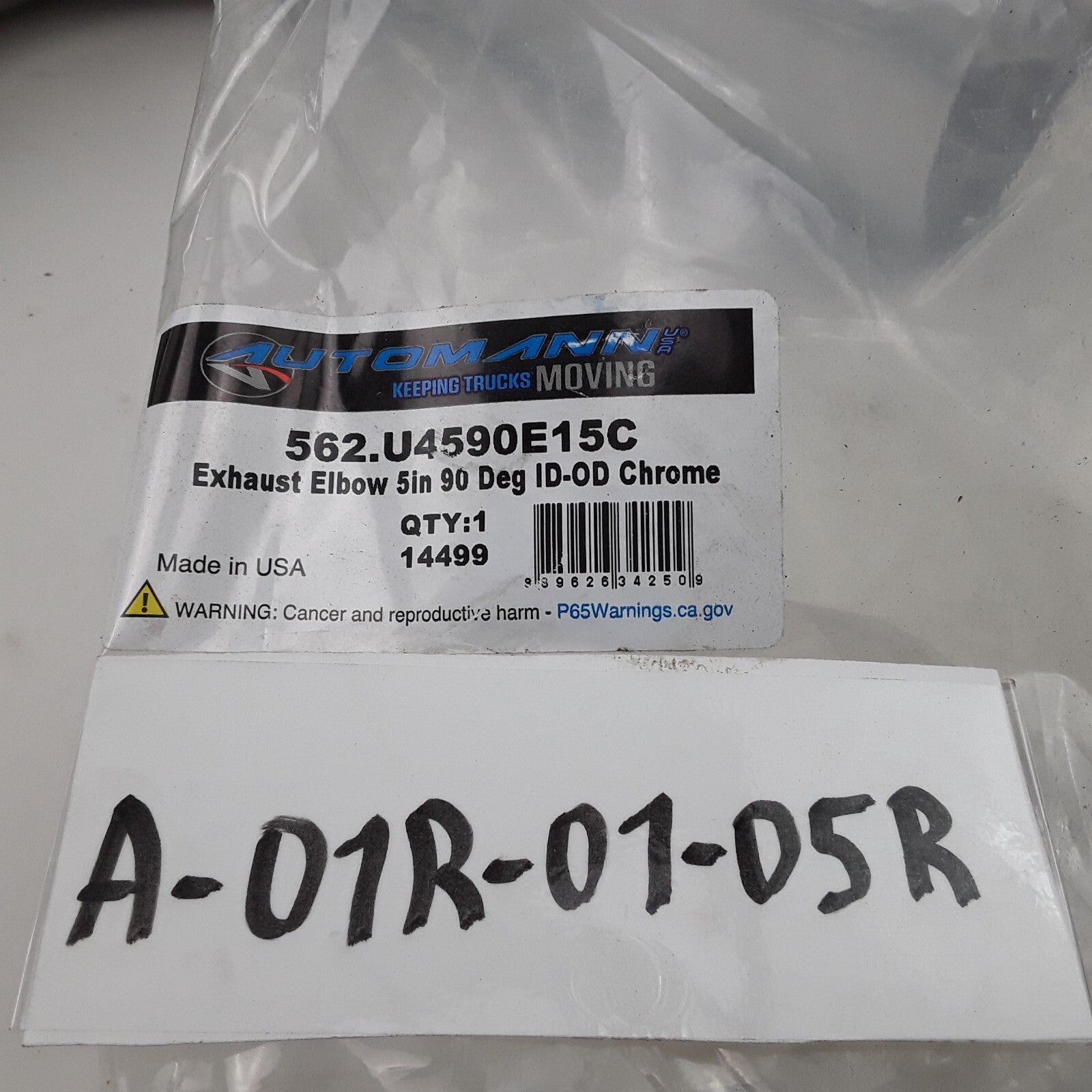 Automann 562.U4590E15C Exhaust Elbow 5in 90 DEG ID-OD Chrome Heavy Duty