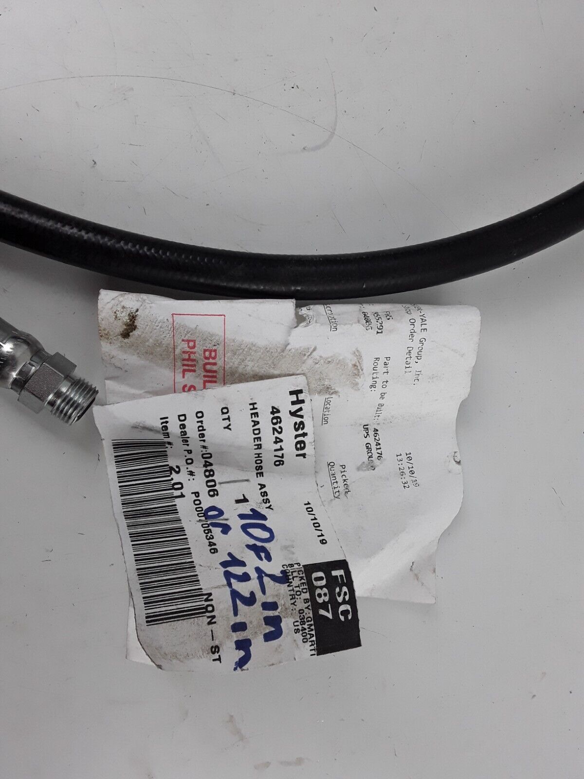 Hyster 4624176 Header Hose Assy 122 In Inch or 10 Ft 2 Inch Long Forklift Parts - HotCarParts