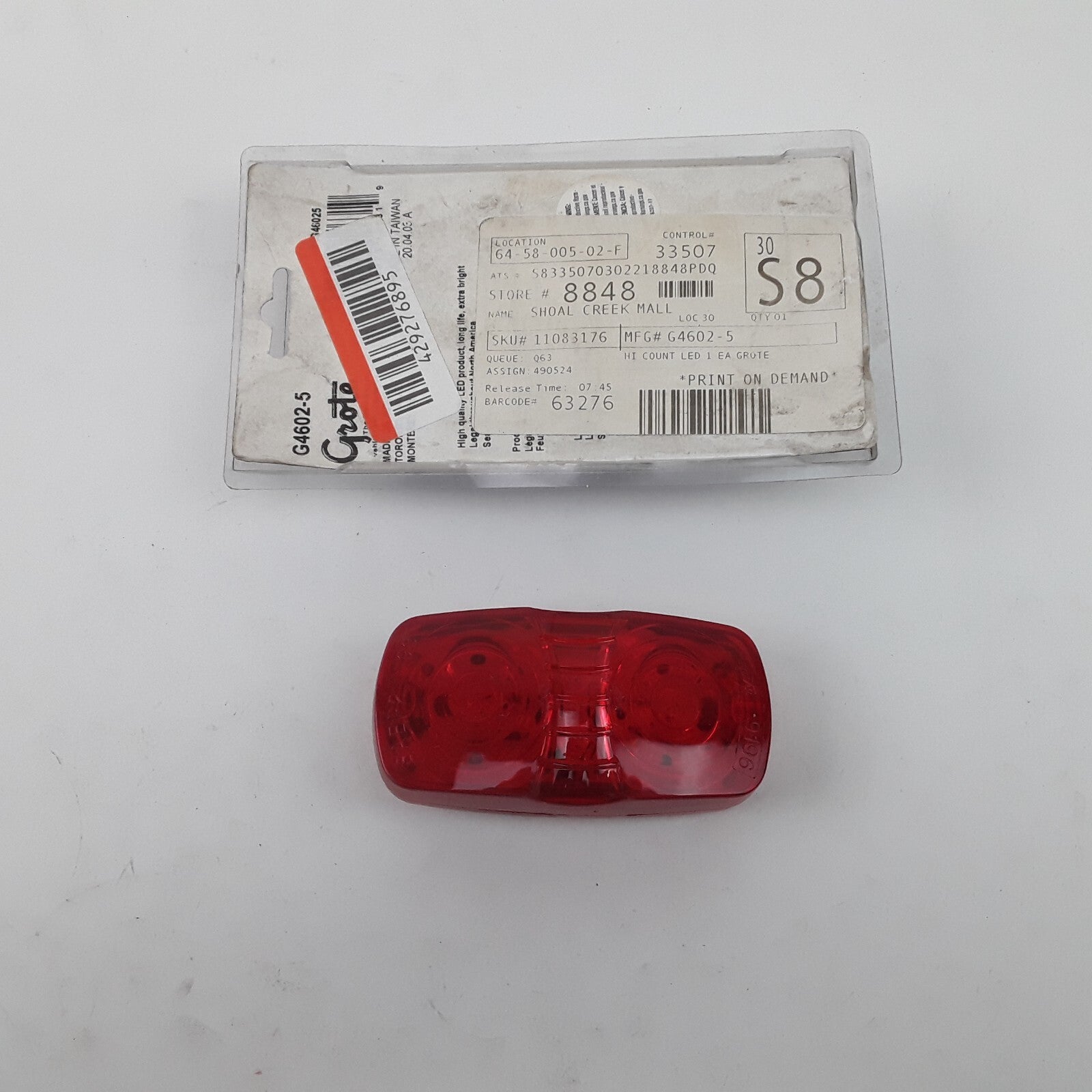 Grote G46025 Side Marker Light Assembly Red LED Scalp Lens Rectangular 12V